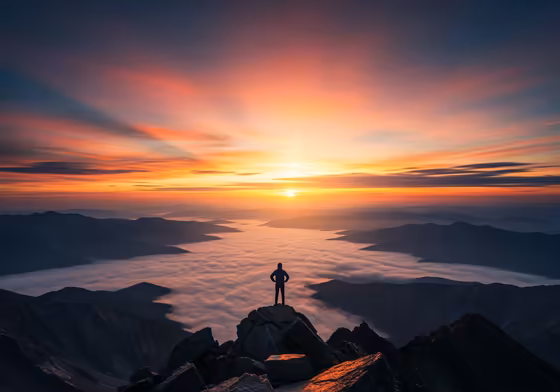 An inspiring image of a person standing on a mountain peak at sunrise, looking out over the clouds.