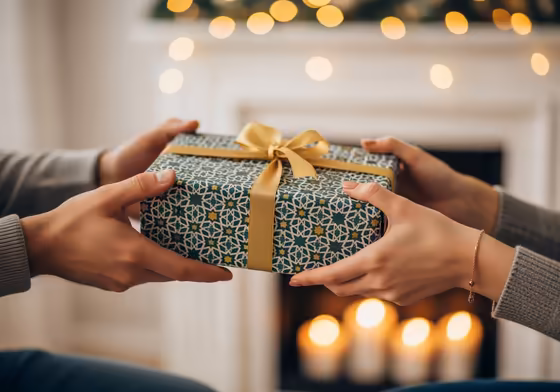 A beautifully wrapped Eid gift being exchanged between two friends.