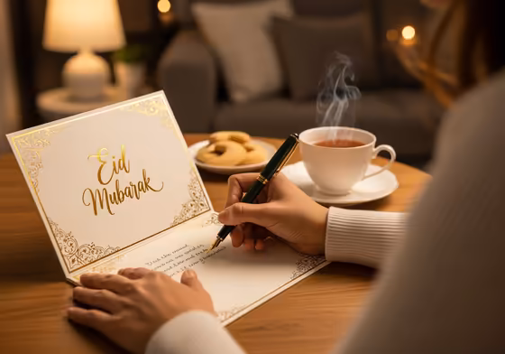 A person writing a heartfelt message inside an Eid Mubarak card with a pen.