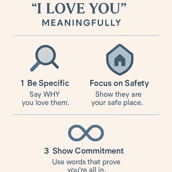 Infographic with three key tips for saying 'I love you': Be Specific (say why), Focus on Safety (you are my home), and Show Commitment (I am yours).