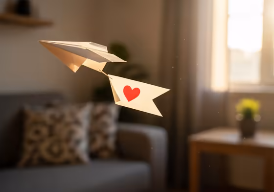 A creative and whimsical way of saying 'I love you', featuring a paper airplane flying through a soft-focus room, trailing a banner with a heart on it.