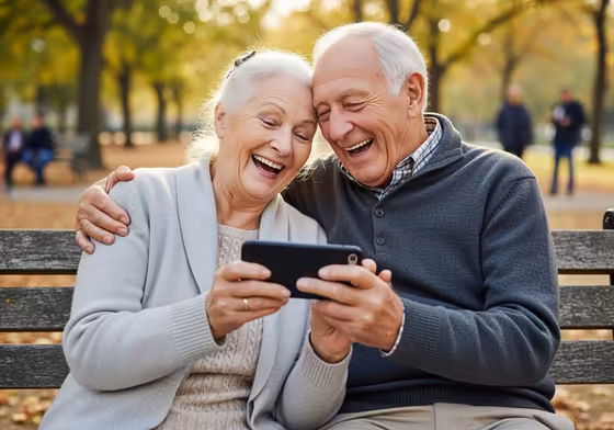 An older couple sitting on a park bench, laughing hysterically at something on a phone, showcasing playful and lasting love.