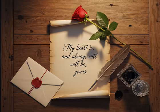 A vintage desk with a quill pen writing a love quote on parchment paper next to a red rose.