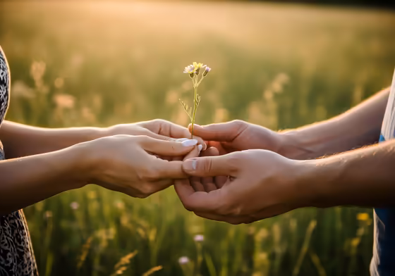 A close-up of a woman's hands holding a man's hands with a single wildflower.